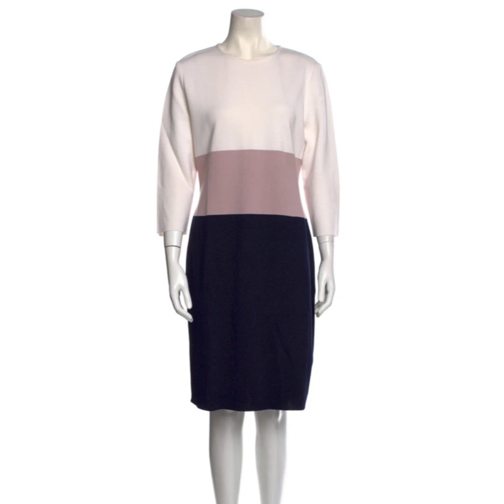 St. John colour block knee length shift dress wool 3/4 sleeve white navy purple